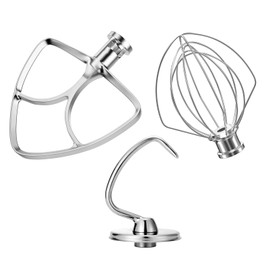 Stainless Steel Stand Mixer Attachments 3-Piece (4.5-5QT Flat Beater, 4.5-5QT Dough Hook, K45WW 6-Wire Whip Attachment) for KitchenAid Tilt-Head Stand Mixer and 4.5-5 Quart Bowl, Dishwasher Safe