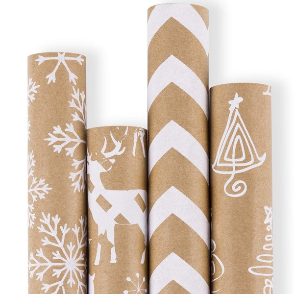 RUSPEPA Christmas Wrapping paper - Brown Kraft Paper with 3D White Christmas Elements Print Paper - 4 Roll-30Inch X 10Feet Per Roll