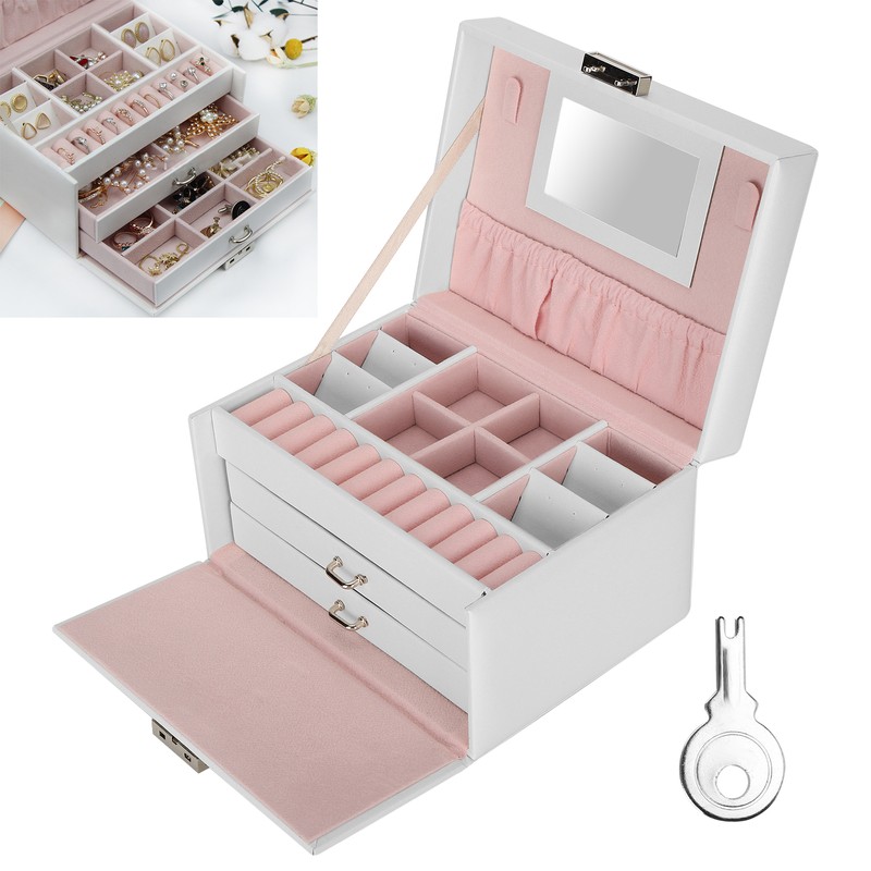 Three Layer Jewelry Storage Box PU Leather Necklace Rings Earrings