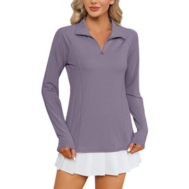 LOMON Women UPF 50+ Sun Protection Hiking Shirts Quick Dry Long Sleeve Workout Golf Tops Lightweight Running Pullover（Gray Purple,M）