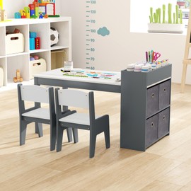 HONEY JOY Kids Table and Chair Set, Wooden Arts and Crafts Activity Table w/Paper Roll, Storage Bins & Shelves for Writing Drawing, Children Learning Furniture, Toddler Table and Chair Set (Grey)