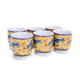 THY COLLECTIBLES Set of 6 Eastern Asian Design Ceramic Tea Cups in Yellow Dragon - 8 OZ Capacity Each