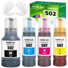 502 Ink Refill Bottles Compatible with Epson 502 Ink Refill Bottles for Ecotank ET-2850 ET-3850 ET-4850 ET-15000 ET-3830 ET-2760 ET-4760 ET-3760 ET-3843 ET-3710 ET-2700 Printer, 4 Bottles BK C M Y