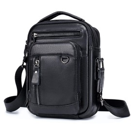 Achiyu Men's Shoulder Bag, Genuine Cowhide Leather, Lightweight, Waterproof, Crossbody Bag, Shoulder Bag, Casual, Popular for Men, Commuting, Cycling, Genuine Leather, Black