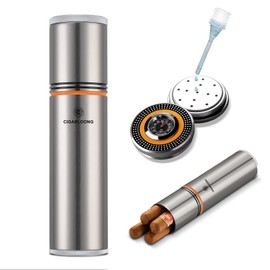 CLZOONG Travel Cigar Humidor Case/Box Stainless Steel Portable, Cigar Tube Cigars Jar Humidifiers Air Tight Lid, Smell Proof with Cigar Hygrometer and Humidifier for 3 to 4 Cigars (Silver)