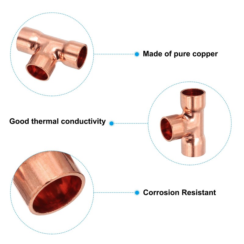 PATIKIL 5/8"(16mm) ID 1.2mm Thick Tee Copper Fitting, 2Pcs 99.9%