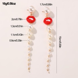 RoseJeopal Gold Pearl Tassel Earrings Women, Freshwater Pearl Stud Earrings Hanging with Cute Red Lip Pattern, Hypoallergenic Golden Earrings with Pearls for Women Girls, Sterling Silver