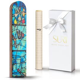 SURI Wooden Mezuzah for Door – 5 Inch Contemporary Turquoise Chagall-Inspired Mezuzzah Case with Printed Scroll, Self-Stick Adhesive, Fits a 4 Inch Scroll, Gift Box Include
