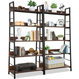 Industrial Bookshelf,Ladder Shelf 5 Tier Large Bookcases Floor Freestanding Storage Rack Leaning Book Shelves,Plants Flower Stands with Metal Frame for Living Room, Home Office, Rustic Brown,2Packs