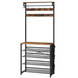 HOOBRO Hall Tree with Bench, Entryway Coat Rack with Shoe Rack, Shoe and Coat Rack, 5 Tier Shoe Storage Organizer with Oxford Fabric Side Pockets, Adjustable Mesh Shelves, Rustic Brown BF75MT01