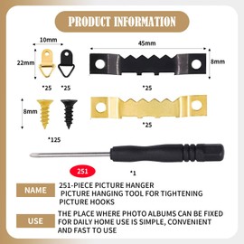 WUERKIYA picture hanger 251-piece, picture hanging tool for tightening picture hooks, picture frame hooks, toothed hangers, canvas hangers, picture frame hangers, picture hangers
