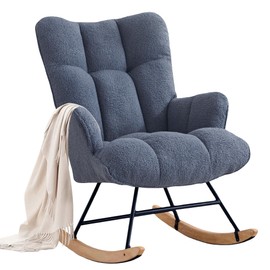 Zedachica Rocking Chair Nursery Teddy Upholstered Glider Rocker Rocking Accent Chair Padded Seat with High Backrest Armchair Comfy Side Chair for Living Room Bedroom Offices (Dark Blue Teddy)
