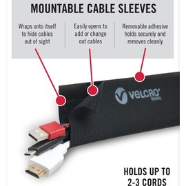 VELCRO Brand Mountable Cable Sleeve | Cord Management Mounts on Walls, Desk or Entertainment Center | Removable Adhesive is Damage Free | 8in Black, 2pk, 8in - 2Pk