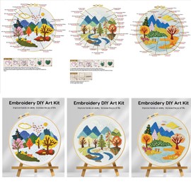 51buyoutgo 3pcs Embroidery Kit, Easy River Landscape Embroidery Starter Patterns Kits Set for Adults Beginners Including Pattern Cloth, Color Thread, Needles, Hoop, Scissors, Instructions