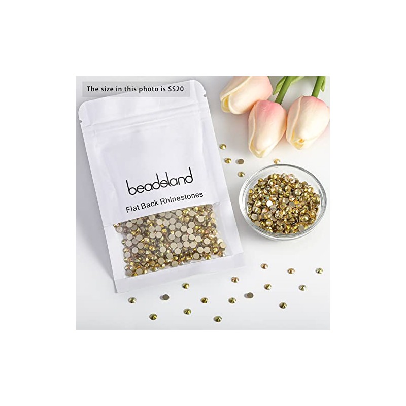 beadsland Flat Back Crystal Rhinestones Round Gems, Metal Sunlight (4.6-4.8mm)