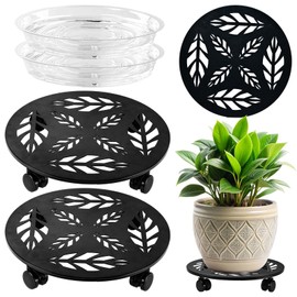 Planterhoma 2 Packs 12 Inch Rolling Plant Stand with Wheels Metal Plant Caddy with Wheels Heavy Duty Plant Rollers with Wheels Round Wrought Iron Plant Stand with Clear Saucers, Matte Black