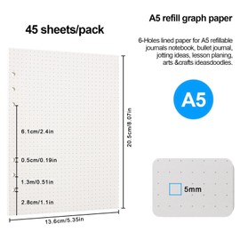 A5 Paper Polka Dot Refill Paper Set, 6 Holes Refillable Note Paper Refill Paper, 135 Sheets Notebook Squared Paper Refill Inserts for A5 Notebook Diary Sketch Painting