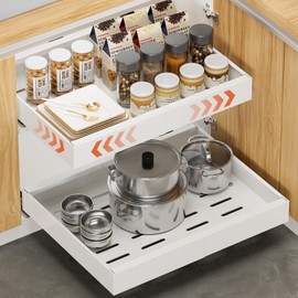 1Pack Expandable Pull Out Cabinet Organizer 16.5"Deep, Adjustable Width 12.2"-20.4" Slide Out Drawers & Roll Out Shelves for Kitchen Cabinets, Easy Install with Double-Sided Adhesive, White