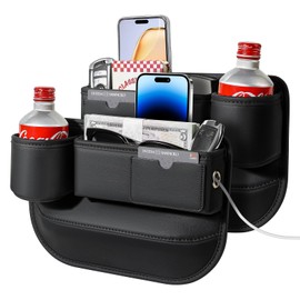 Pcnjozx 2 PACK Car Seat Gap Filler Organizer with Cup Holder, Universal Fit Soft Leather Box Storage, Automotive Accessories Necessities for Phones Keys Sunglasses Cards, Black