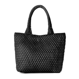 AUACDIY Woven Tote Bag for Women Fashion Woven Bags for Women Shoulder Bag Vegan Leather Handbags Large Work Travel Beach Tote Bags With Purse Black