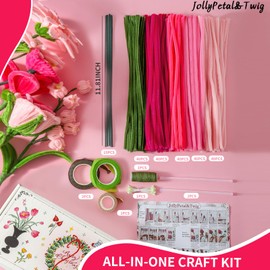 Pipe Cleaners Craft 5 Colors,Chenille Stems Plush Craft Kit,Pink Pipe Cleaners Flowers Kit with Floral Tape for Wedding Gifts Graduation Bouquet JollyPetal&Twig (Pink)