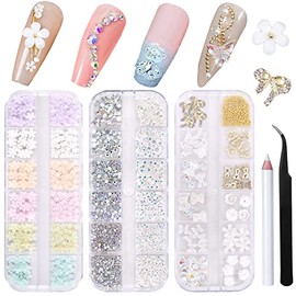 3D Flowers Nail Art Charms Rhinestones Kit - Includes 12Grid 400Pcs Acrylic Flower 1500Pcs AB Nail Rhinestones 200Pcs Acrylic Butterfly Bow Flower Bear Nail Art Charms for Nail Art Craft Decoration