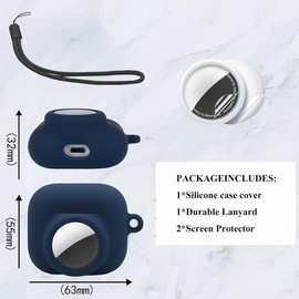 2 in 1 Silicone Case Compatible with AirPod 4 and AirTag,Anti-Scratch Anti-Lost Protective Skin Cover for AirPods 4th Generation with 2 PCS TPU Screen Protector&Lanyard - Color: Dark Blue