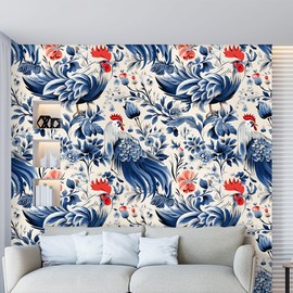 COKCOKR Blue Rooster Wallpaper,17.71" x 236.2" Self Adhesive Removable Blue Chinese Pastoral Style Wallpaper Waterproof Contact Paper Decorative Vinyl Wall Paper for Bedroom Living Room