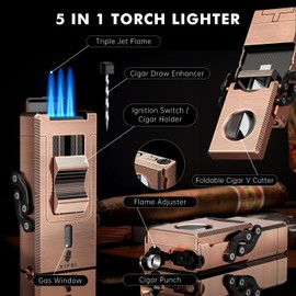 XIFEI 5-in-1 Cigar Lighter with Triple Jet Flame, Refillable Butane Torch Lighter with Foldable V Cut Cutter Cigar Punch Cigar Stand Cigar Draw Enhancer, Windproof Lighters with Gift Box (Bronze)