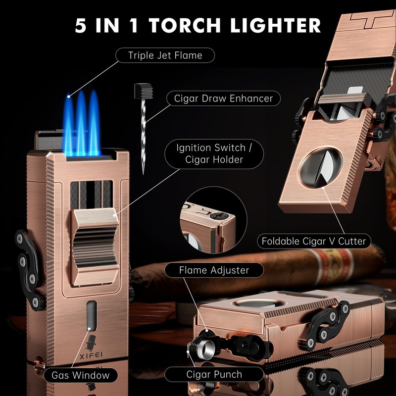 XIFEI 5-in-1 Cigar Lighter with Triple Jet Flame, Refillable Butane