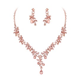 Clearine Wedding Jewellery Set for Women Bride, Y-Necklace Dangle Earrings Set Stunning Crystal Teardrop Leaf Flower Cluster Prom Jewellery for Bridal Bridesmaid Champagne Rose Gold-Tone