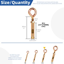 Glarks 8pcs M12 Concrete Eye Bolts, Carbon Steel Expansion Screws Closed Hook Bolts, Colored Zinc Plated Expansion Eye Bolt Screw Anchor for Wall Masonry Concrete Expansion Heavy Duty Bolts