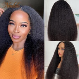 Nadula 10A V Part Kinky Straight Wig Human Hair No Leave Out Upgraded U Part Glueless Wigs for Women,Brazilian Yaki Straight V Part Human Hair Beginner Friendly Wig 150% Density 22inch
