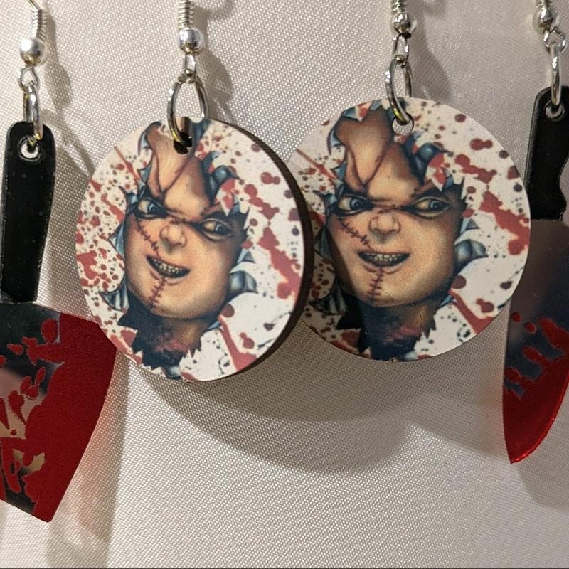 Chucky doll and knife earring set - Color: butcher knife
