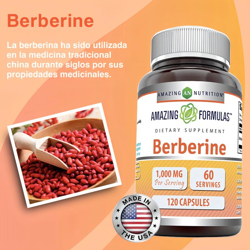 Suplemento Berberina 1000mg Amazing Nutrition 120 Cápsulas Control Azúcar