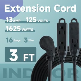 GreenProsper 3 Ft Flat Plug Extension Cord, 16 AWG 3 Prong Grounded Low Profile Extension Cable,3 Outlet Extension Wire for Indoor, Black
