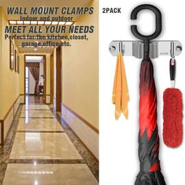 OBELON Mop Broom Holder Wall Mounted Utility Racks Stainless Steel Storage Organizer for Bathroom Garage and Garden, 1 Clip 2 Hooks, 2 Pack, Grey Clip