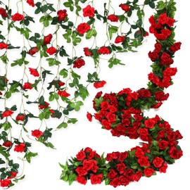 JUSTOYOU 6pcs 47.2FT Artificial Garland Flower Vines,Double Color Fake Rose Hanging Silk Flowers Artificial Flower for Outdoor Indoor Wedding Wall Badroom Decoration (6, Red)