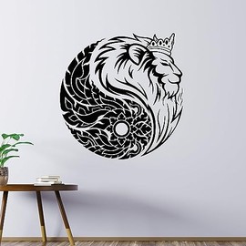 Vinyl Wall Decal Lion Head King Crown Yin Yang Symbol Power Stickers Mural Large Decor (g8821) Black