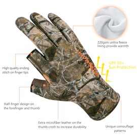 BASSDASH Unisex Fingerless Fleece Liner Camo Hunting Gloves for Cold Weather UPF 50+ Lightweight Fishing Photography HG06