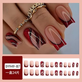 Red French Tips Press on Nails Square Medium Fake Nails Full Cover Acrylic Nails Red Black Wave Line Design Glossy Glue on Nails Coffin Stick on Nails for Women Girls Nail Decorations 24 Pcs