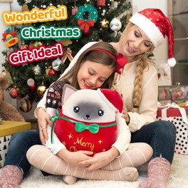 WEWILL 13'' Christmas Siamese Cat Soft Plush Pillow, Cute Kitty in a Gift Bag Xmas Kitten Gift for Toddler Kids