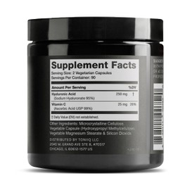 Toniiq Hyaluronic Acid Supplements – Lab Tested 95% Ultra High Purity – Fermented and Bioavailable with Vitamin C – Third Party Lab Tested – 180 Capsules