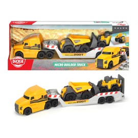 Dickie QDKT062100 Toys Volvo Mack Truck, with 2 Volvo Vehicles on Trailer, Dump Truck & Wheel Loader, Trailer for Decoupling, Moving Parts, 32 cm Total Length, Sandpit, Yellow/Grey