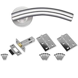 IRONZONE® A Pair of Quality Curved Lever on Rose Door Handles with Hinges and Latch Door Pack Satin Stainless Steel, for Internal Wooden or Oak Doors, Residential and Commercial Projects