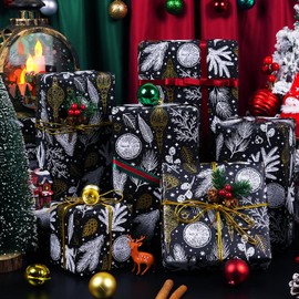 Christmas Wrapping Paper, Black and Gold Foil Kraft Gift Wrapping Paper Roll, Christmas Wrapping Paper Jumbo Roll, Black and White Wrapping Paper for Christmas Winter Holiday Birthday, 17Inch × 33Feet