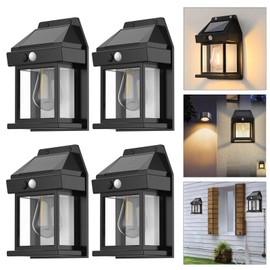 4pcs Solar Fence Lights, Motion Sensor Outdoor Lights, 3 Lighting Modes Dusk to Dawn Solar Porch Lights IP65 Waterproof, Outdoor Solar Wall Lights 600LM, 1800mah Suitable for Patios, Porches, Garage.
