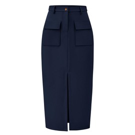 KIRUNDO Women's Skirts Trendy Summer Fall Spring High Waisted Pencil Wrap Midi Cargo Skirt with Slit Business Casual Clothes(Navy, Large)