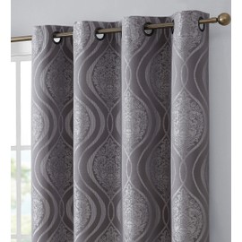 HLC.ME Montero Damask 100% Blackout Heavy Thermal Insulated Energy Savings Heat/Cold Blocking Grommet Curtain Panels for Bedroom & Living Room - 52 W x 84 L per Panel, Dark Charcoal Grey (Pack of 2)