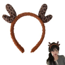 Leopard Ears Deer Antler Headband for Women Girls Fluffy Leopard Print Hair Band for Washing Face Makeup Stag Reindeer Antlers Headband for Christmas Party Cosplay Deer Head Band Christmas Gifts
